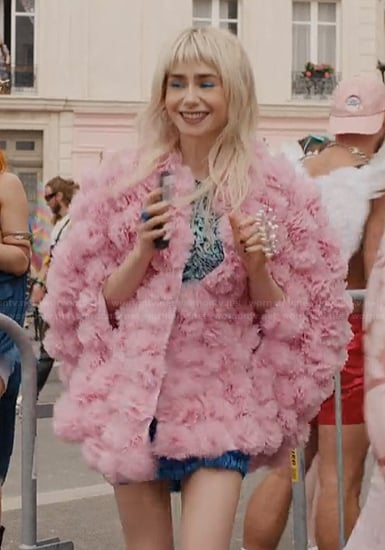 Emily's pink ruffle coat and ruched dress on Emily in Paris