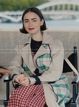 Emily's plaid trench coat and res check dress on Emily in Paris