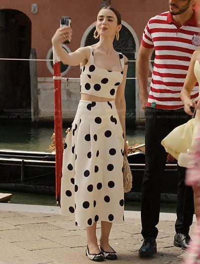 Emily’s polka dot print top and skirt on Emily in Paris