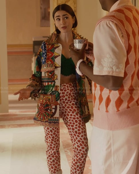 Emily’s printed jacket and pants on Emily in Paris