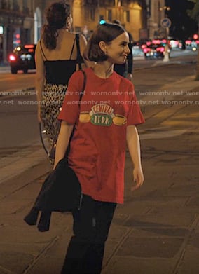 Emily's red Central Perk print tee on Emily in Paris