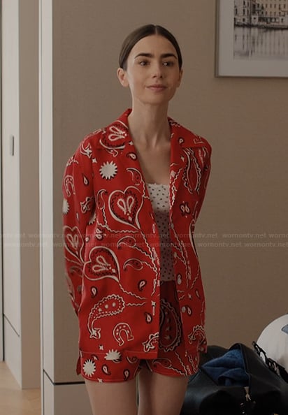 Emily’s red heart print blazer on Emily in Paris
