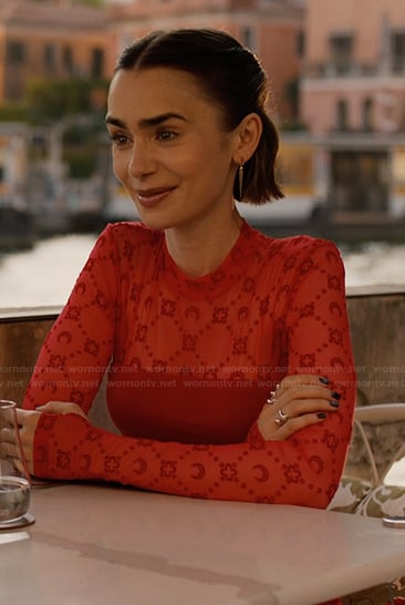 Emily’s red mesh top and leggings on Emily in Paris