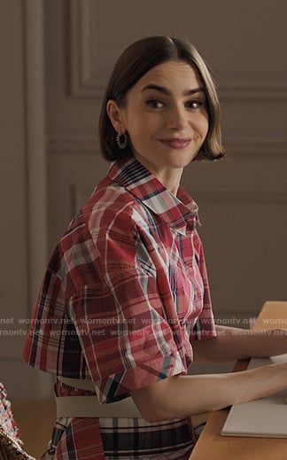 Emily's red plaid short sleeve shirtdress on Emily in Paris