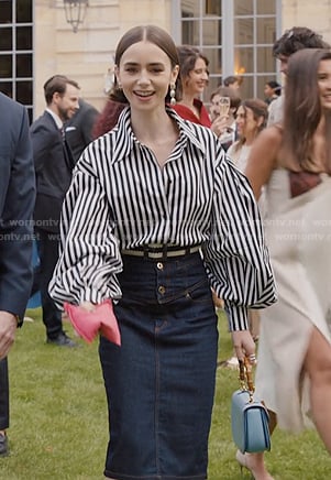 Emily's striped balloon sleeve blouse and denim skirt on Emily in Paris