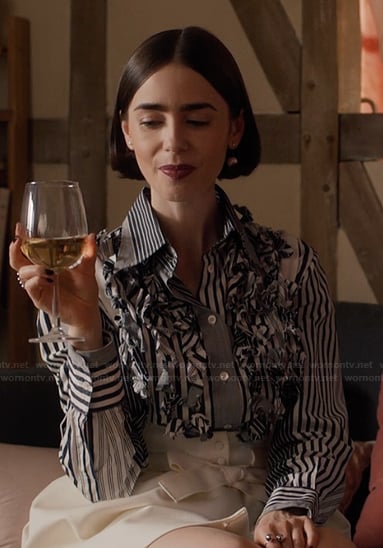 Emily’s striped ruffle shirt on Emily in Paris