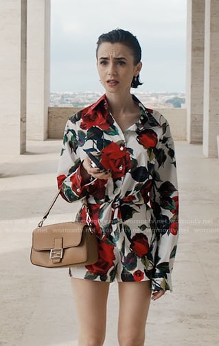 Emily’s white rose print top and shorts on Emily in Paris