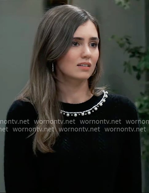 Emma’s black pearl embellished sweater on General Hospital