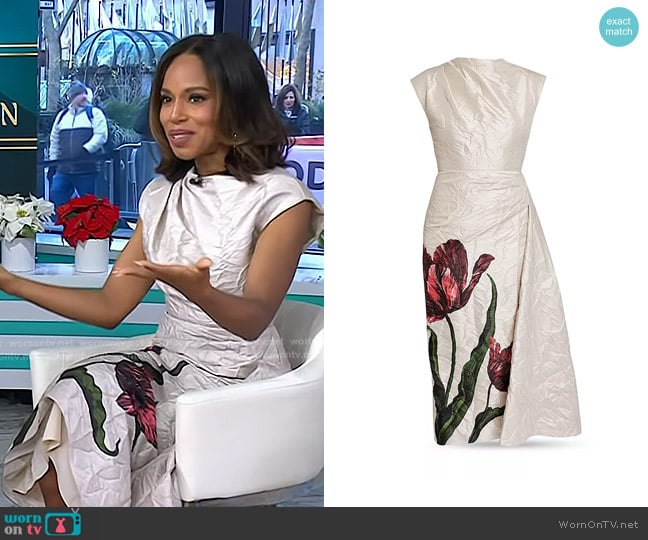 Erdem Short Sleeve Draped Dress in Etched Tulip Cameo Pink worn by Kerry Washington on Today
