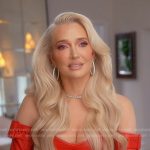 Erika’s red leather off-shoulder confessional outfit on The Real Housewives of Beverly Hills