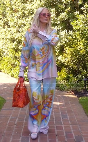 Erika's printed silk shirt and pants on The Real Housewives of Beverly Hills