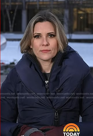 Erin McLaughlin's navy hooded zip puffer jacket on Today