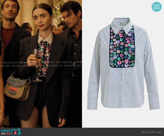 Essentiel Antwerp Cotton Shirt with Eequin and Bead Placket worn by Emily Cooper (Lily Collins) on Emily in Paris