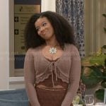 Eva’s brown lace tie front cardigan on Beyond the Gates