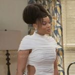 Eva's white ruched cutout mini dress and houndsooth coat on Beyond the Gates