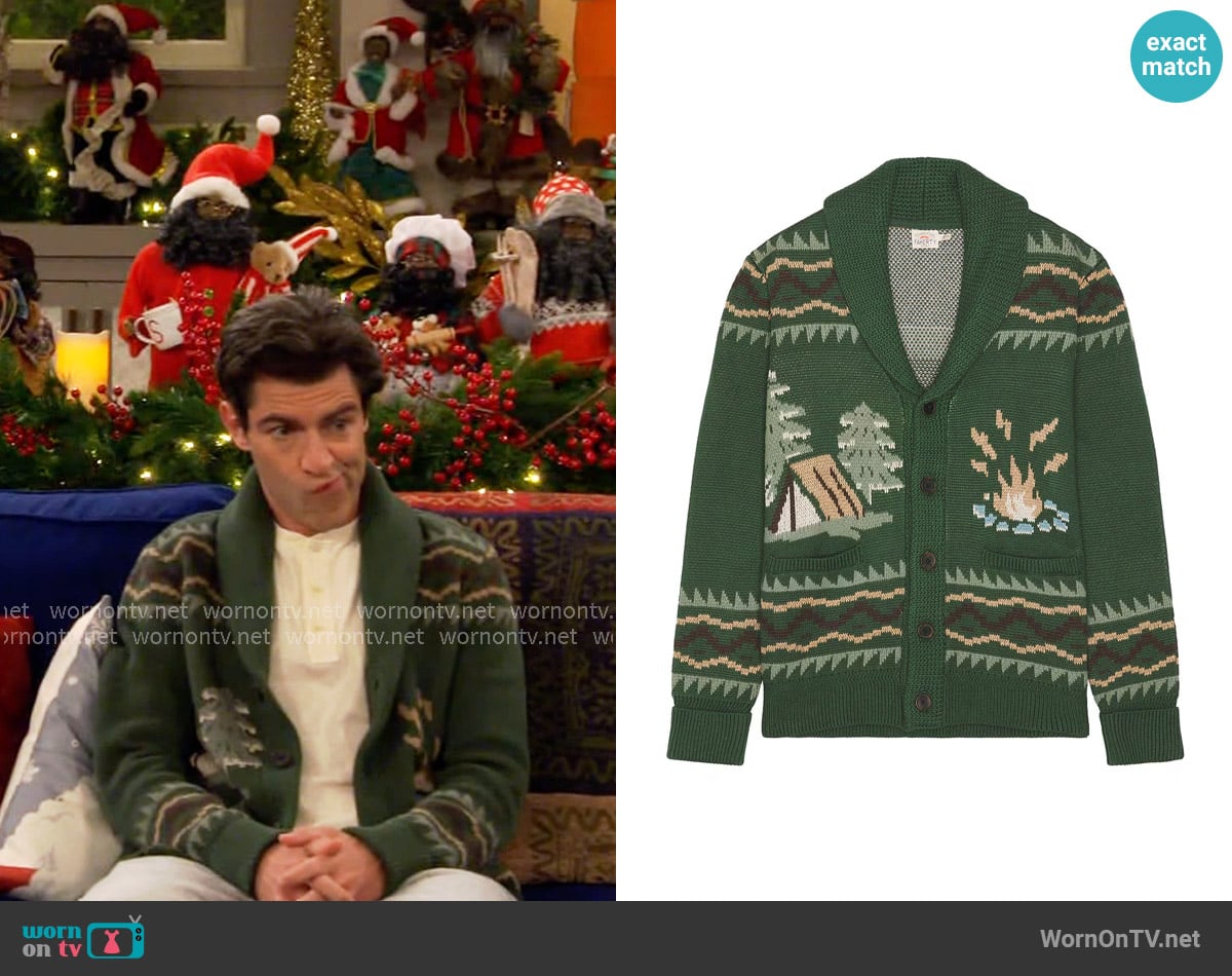 Faherty Camp Cardigan in Forest Lake worn by Dave Johnson (Max Greenfield) on The Neighborhood