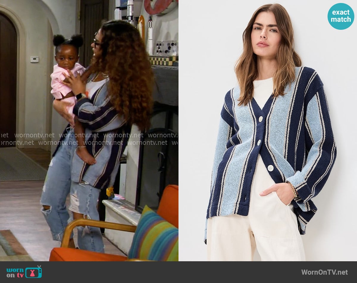 Faherty Dockside Caridgan in Tide Line Stripe worn by Courtney (Skye Townsend) on The Neighborhood