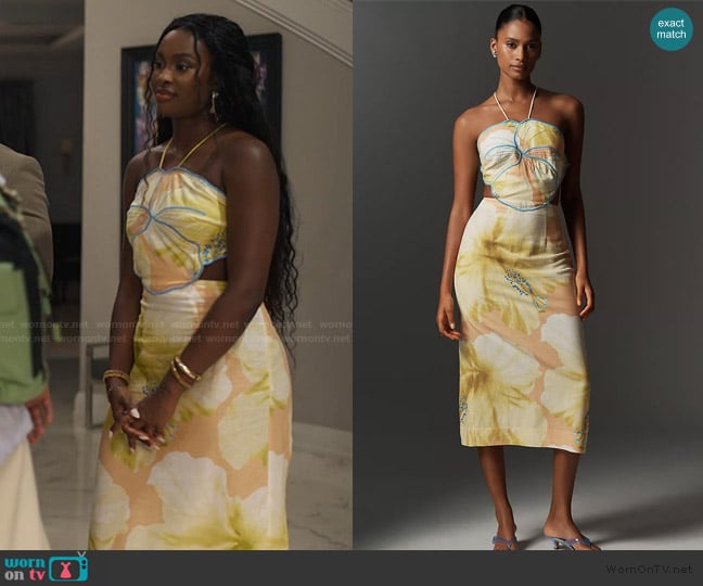 Farm Rio x Anthropologie Floral Printed Linen Blend Halter Midi Dress worn by Hilary Banks (Coco Jones) on Bel-Air