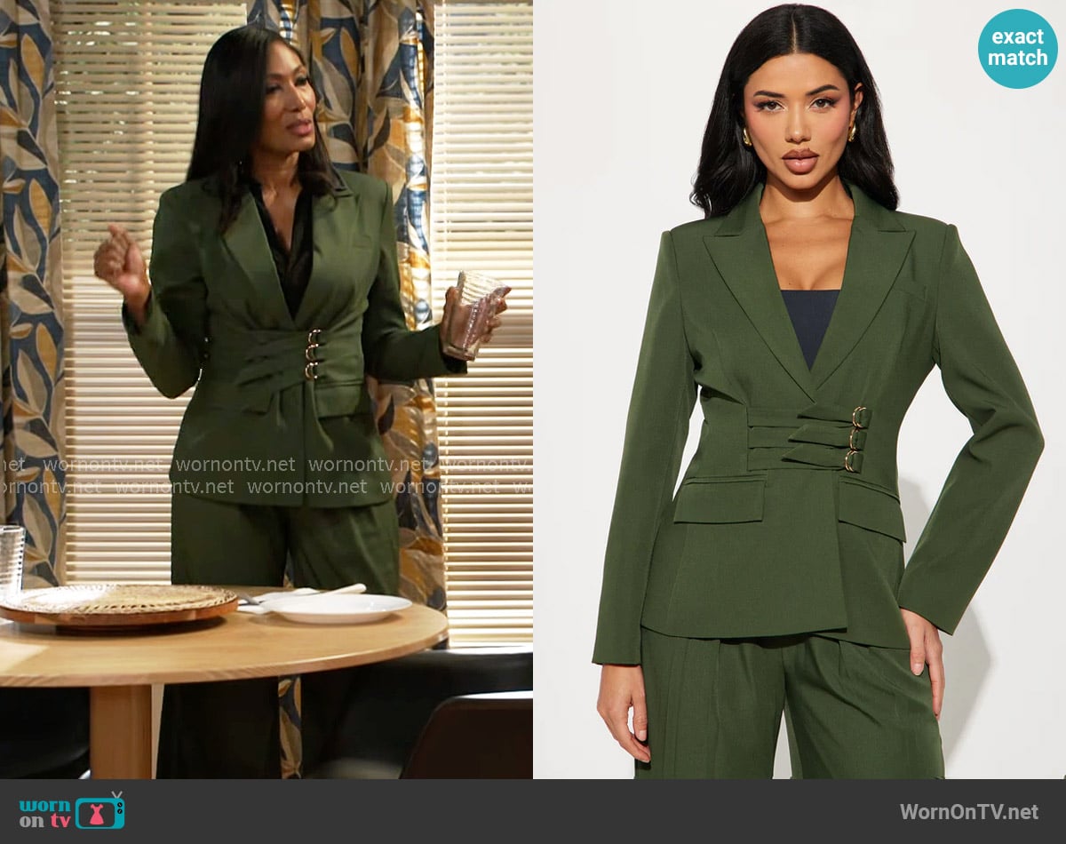 Fashion Nova Keep Your Cool Belted Blazer in Hunter worn by Dana 'Leslie' Thomas (Trisha Mann-Grant) on Beyond the Gates