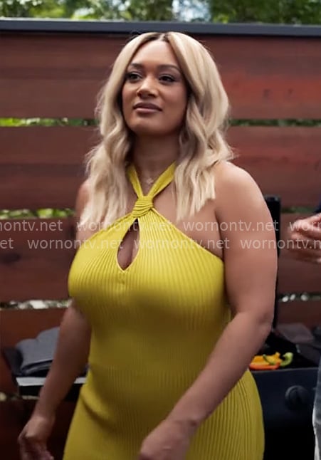 Fatima’s yellow halter neck knit dress on Tyler Perrys Sistas