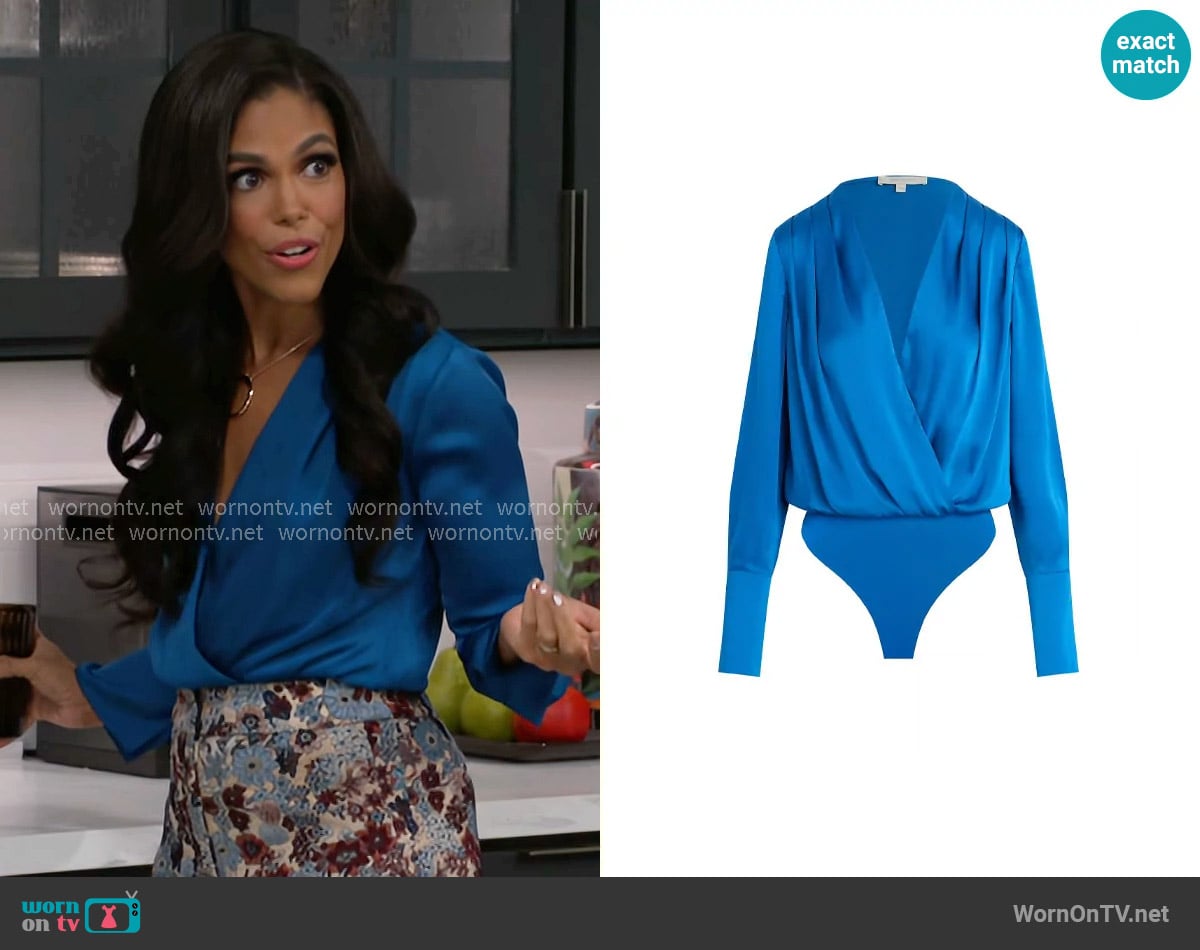 Favorite Daughter Date Surplice Blouse in Sapphire worn by Dani Dupree (Karla Mosley) on Beyond the Gates