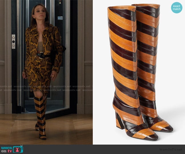 Fendi Two-tone inlaid hagfish leather boots worn by Sylvie (Philippine Leroy-Beaulieu) on Emily in Paris