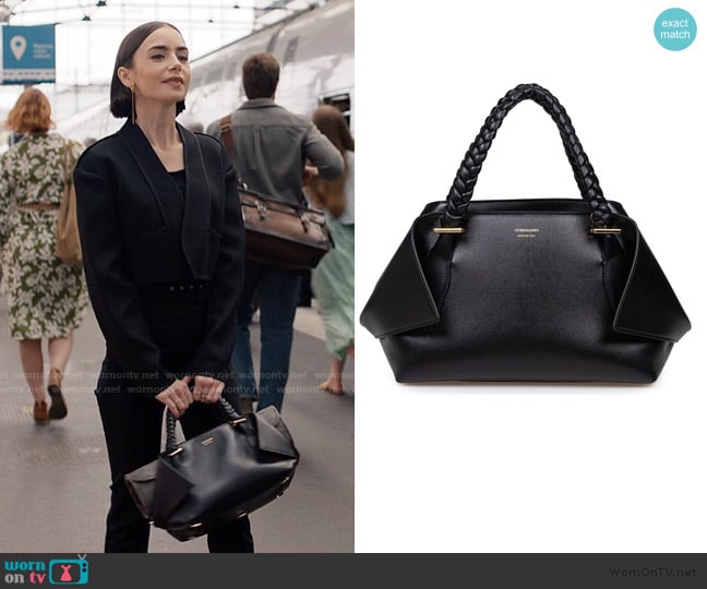 Ferragamo Scarf Sh Handbag In Calfskin Color Black worn by Emily Cooper (Lily Collins) on Emily in Paris
