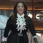 Melissa McCarthy’s black floral applique blouse on The Kelly Clarkson Show