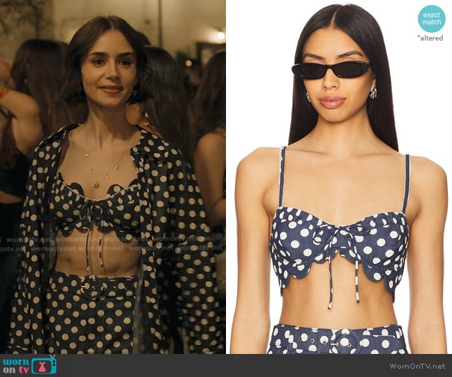For Love & Lemons Dolly Denim Dot Bra Top in Indigo worn by Emily Cooper (Lily Collins) on Emily in Paris
