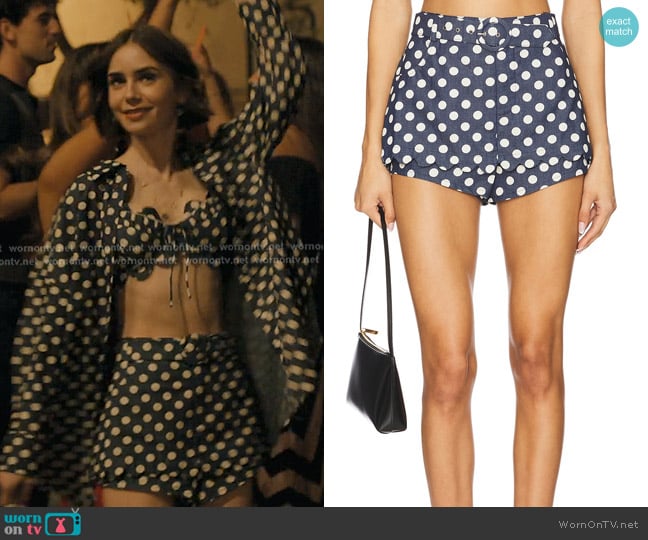 For Love & Lemons Dolly Denim Dot Skort in Indigo worn by Emily Cooper (Lily Collins) on Emily in Paris