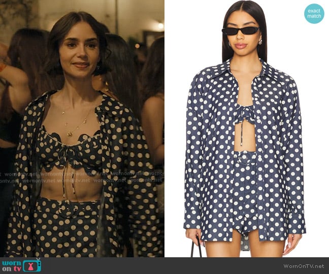 For Love & Lemons Dolly Dot Denim Button-down Top in Indigo worn by Emily Cooper (Lily Collins) on Emily in Paris