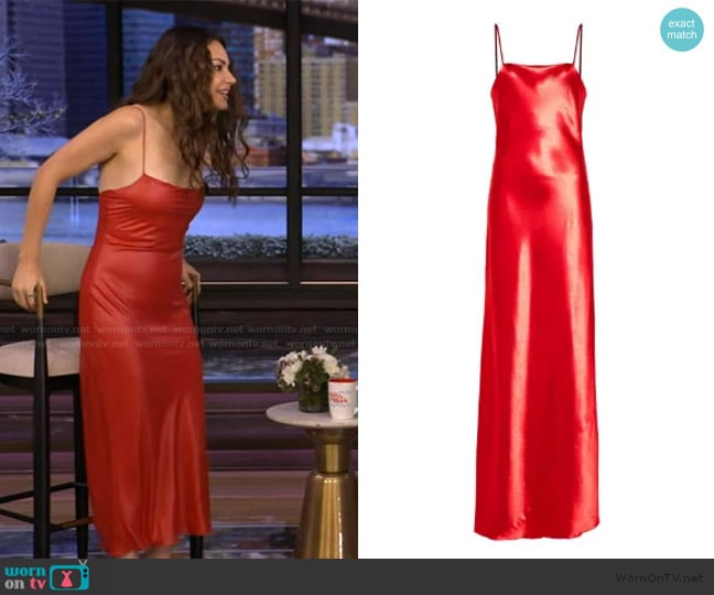 Fore Forte Square-neck satin maxi dress worn by Mila Kunis on Live with Kelly and Mark