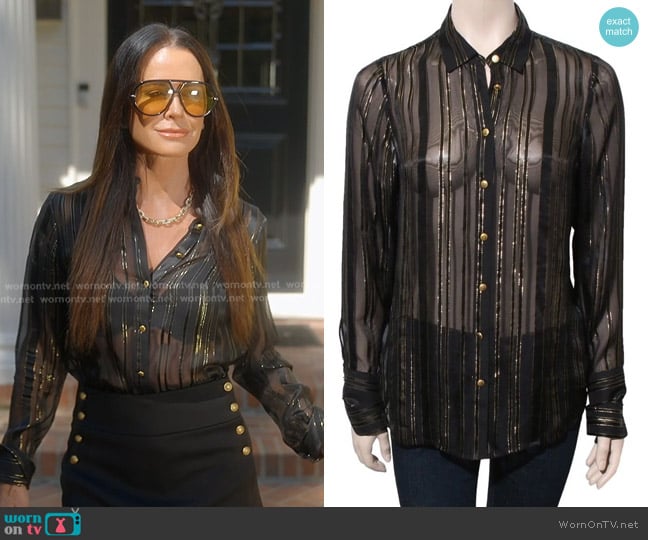 Frame Stripe Sheer Silk Blouse worn by Kyle Richards on The Real Housewives of Beverly Hills