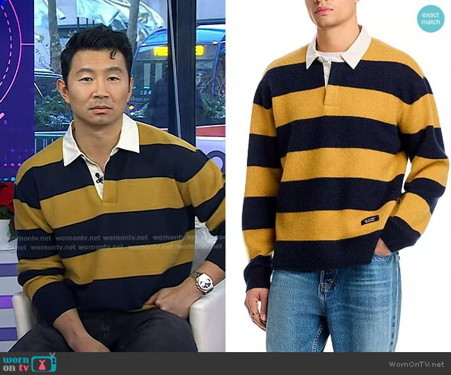Simu Liu’s yellow stripe rugby polo sweater on Today Simu Liu’s yellow stripe rugby polo sweater on Today
