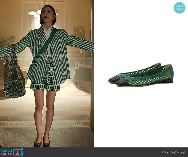 Francesco Russo Leather Ballet Flats R1P955 in black green worn by Emily Cooper (Lily Collins) on Emily in Paris