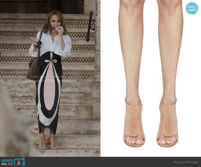 Francesco Russo T-bar 105 Suede Sandals worn by Sylvie (Philippine Leroy-Beaulieu) on Emily in Paris