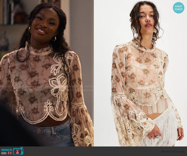 Free People Embroidered Daydream Top worn by Hilary Banks (Coco Jones) on Bel-Air