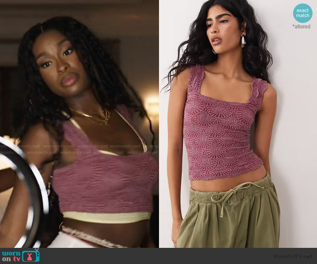 Free People Love letter textured cami top in beet red worn by Hilary Banks (Coco Jones) on Bel-Air