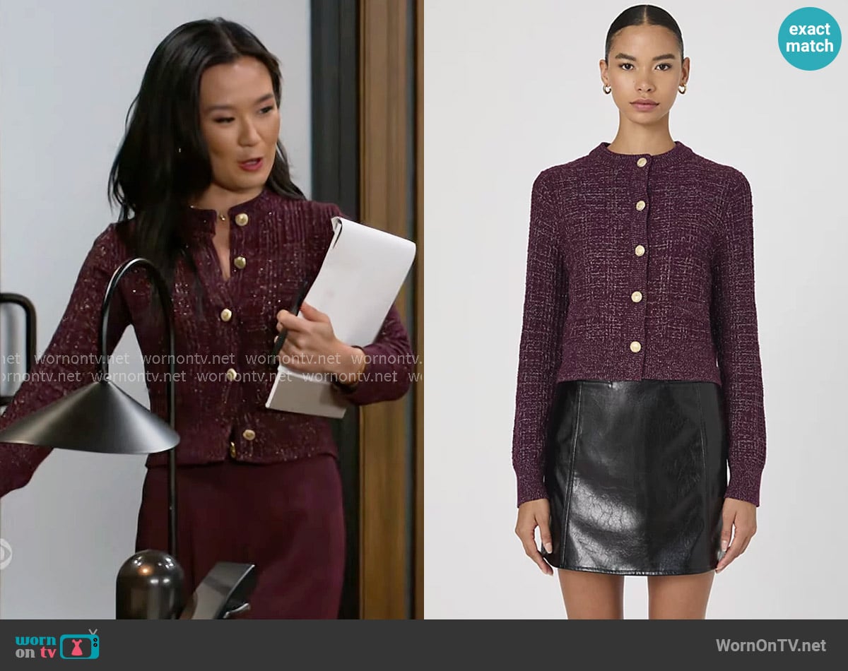 French Connection Metallic Tweed Knit Cardigan worn by Caroline Lee (Ellie Wang) on Beyond the Gates
