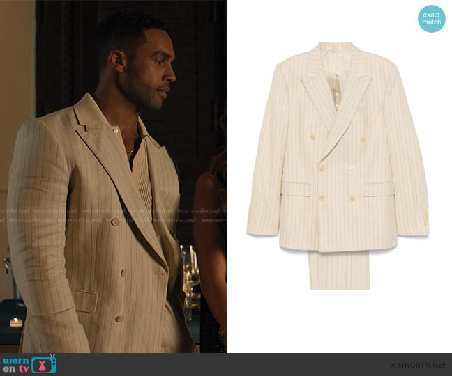Alfie’s white pinstripe blazer on Emily in Paris