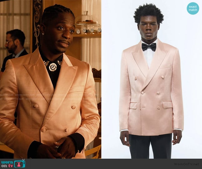Fursac Satin double-breasted tuxedo jacket worn by Julien (Samuel Arnold) on Emily in Paris