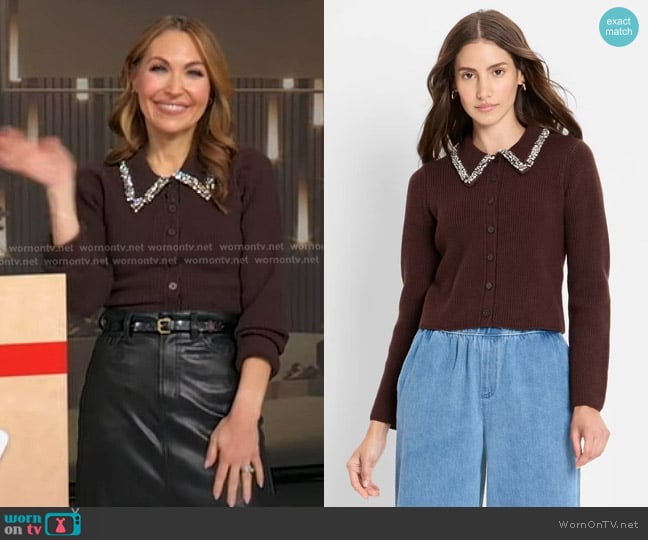 Future Collective Embellished Collar Cardigan Sweater  in Dark Brown worn by Lori Bergamotto on Good Morning America