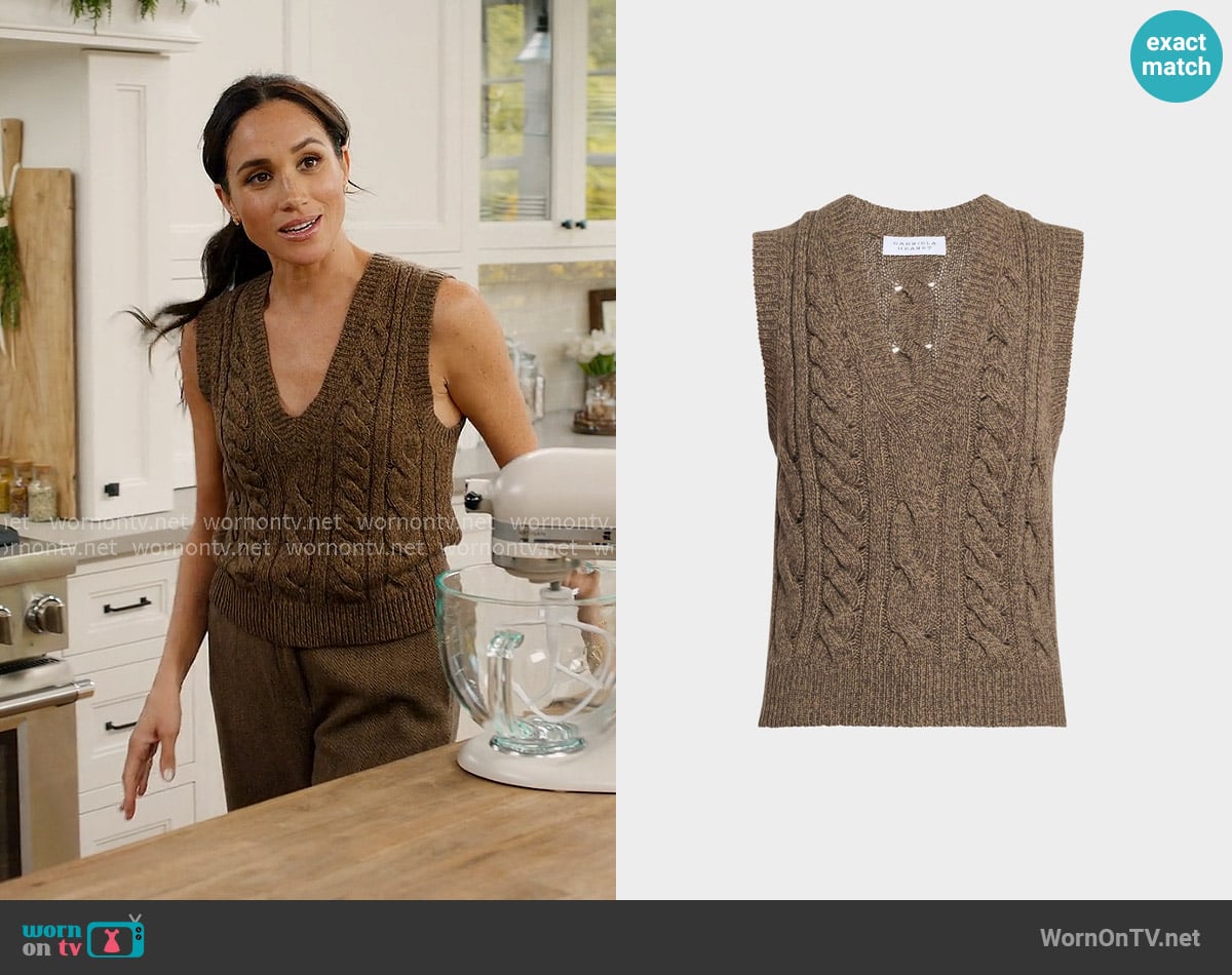 Gabriela Hearst Selsey Cashmere Cable Knit Sweater Vest worn by Meghan Markle on With Love Meghan