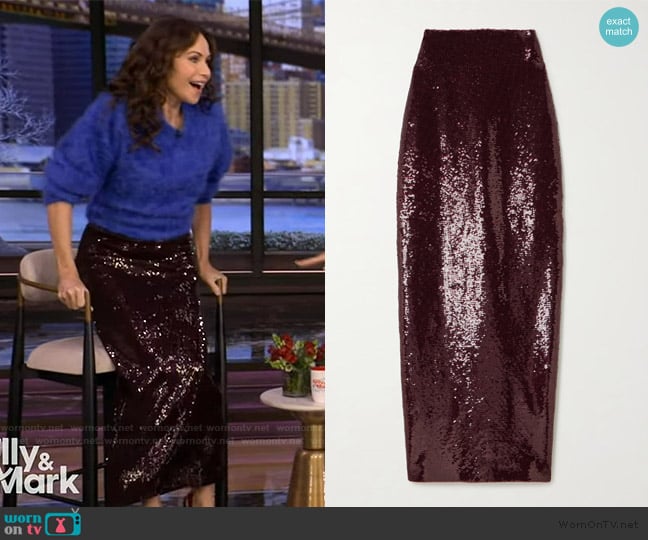 Galvan Diffusion sequined stretch-mesh maxi skirt worn by Minnie Driver on Live with Kelly and Mark