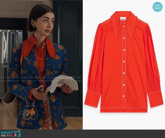 Ganni Ruffle-trimmed Cotton-poplin Shirt In Tomato Red worn by Emily Cooper (Lily Collins) on Emily in Paris