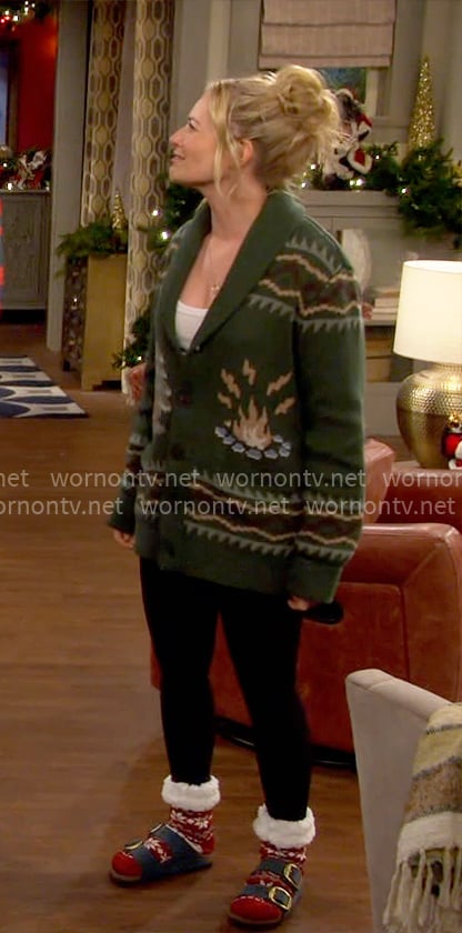 Gemma's green printed cardigan on The Neighborhood