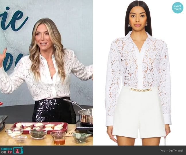 Debbie’s white lace button down shirt on Access Hollywood Debbie’s white lace button down shirt on Access Hollywood