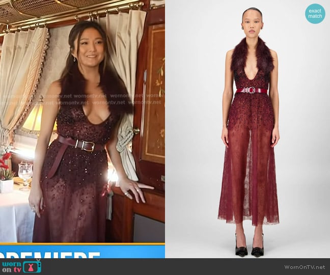 Georges Hobeika Flowy Midi Dress in Maroon Red worn by Ashley Park on Today