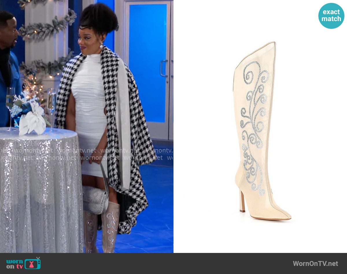 Gianni Bini Audrina Clear Mesh Rhinestone Tall Boots worn by Eva Thomas (Ambyr Michelle) on Beyond the Gates