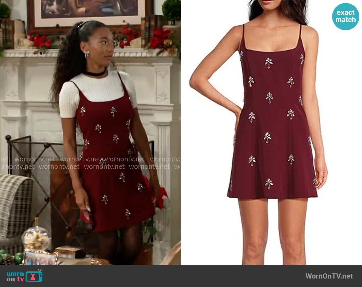 Gianni Bini Mika Crepe Square Neck Sleeveless Jewel A-Line Dress in Burgundy worn by Samantha Richardson (Najah Jackson) on Beyond the Gates